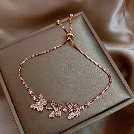 Korean New Luxury Crystal Flower Cubic Zirconia Pendant Bracelet Women Round Butterfly Shiny Rhinestone Bangle Jewelry