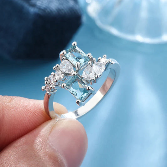 Exquisite Ring for Women's Fashion Aquamarine Zircon Ring 925 Silver Women's Party Jewelry Wedding Bride Engagement Ring