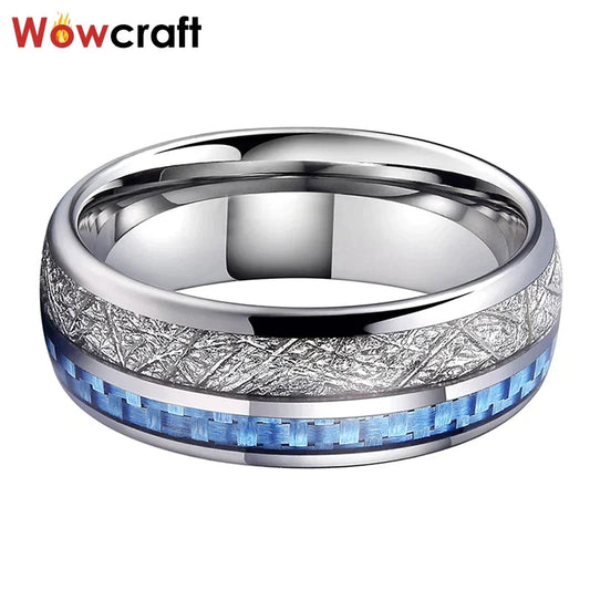 Tungsten Carbide Ring for Men Women Wedding Band Light Blue Carbon Fiber Meteorite Inlay Polished Shiny Comfort Fit