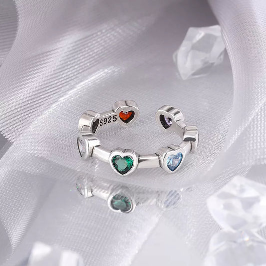100% Solid 925 Sterling Silver Heart Rings For Women Green Red Stone Simple Trendy Retro Anillos Party Gifts Accessories