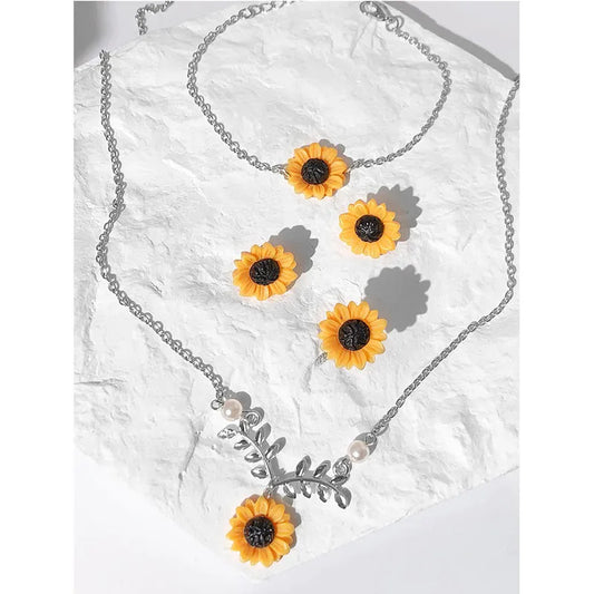 Cute Sweet Resin Flower Pendant Metal Leaves Chain Sunflower Necklace Bracelet Rings Earring Set Jewelry HUANZHI 2023 NEW
