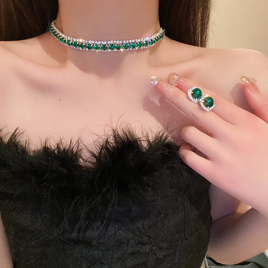 Luxury Necklace Earrings Sets Green Crystal Necklace Women Weddings Bride Jewelry Accessories
