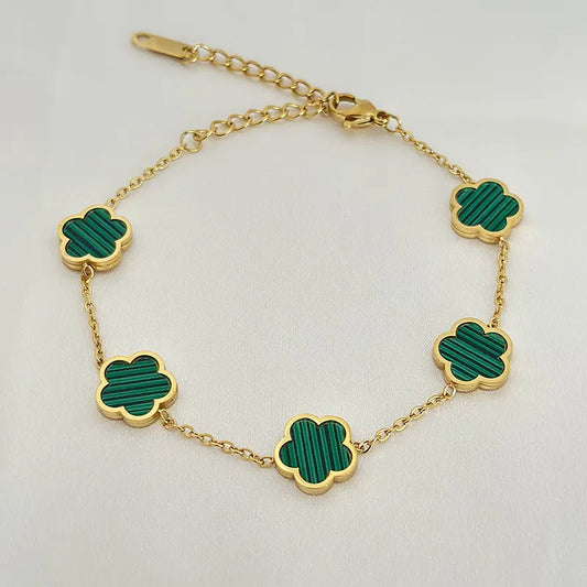 2023 New Luxury Green Flower Charm Bracelet for Women Gift High Quality Gold Color Stainless Steel Clover Bracelet Jewelry
